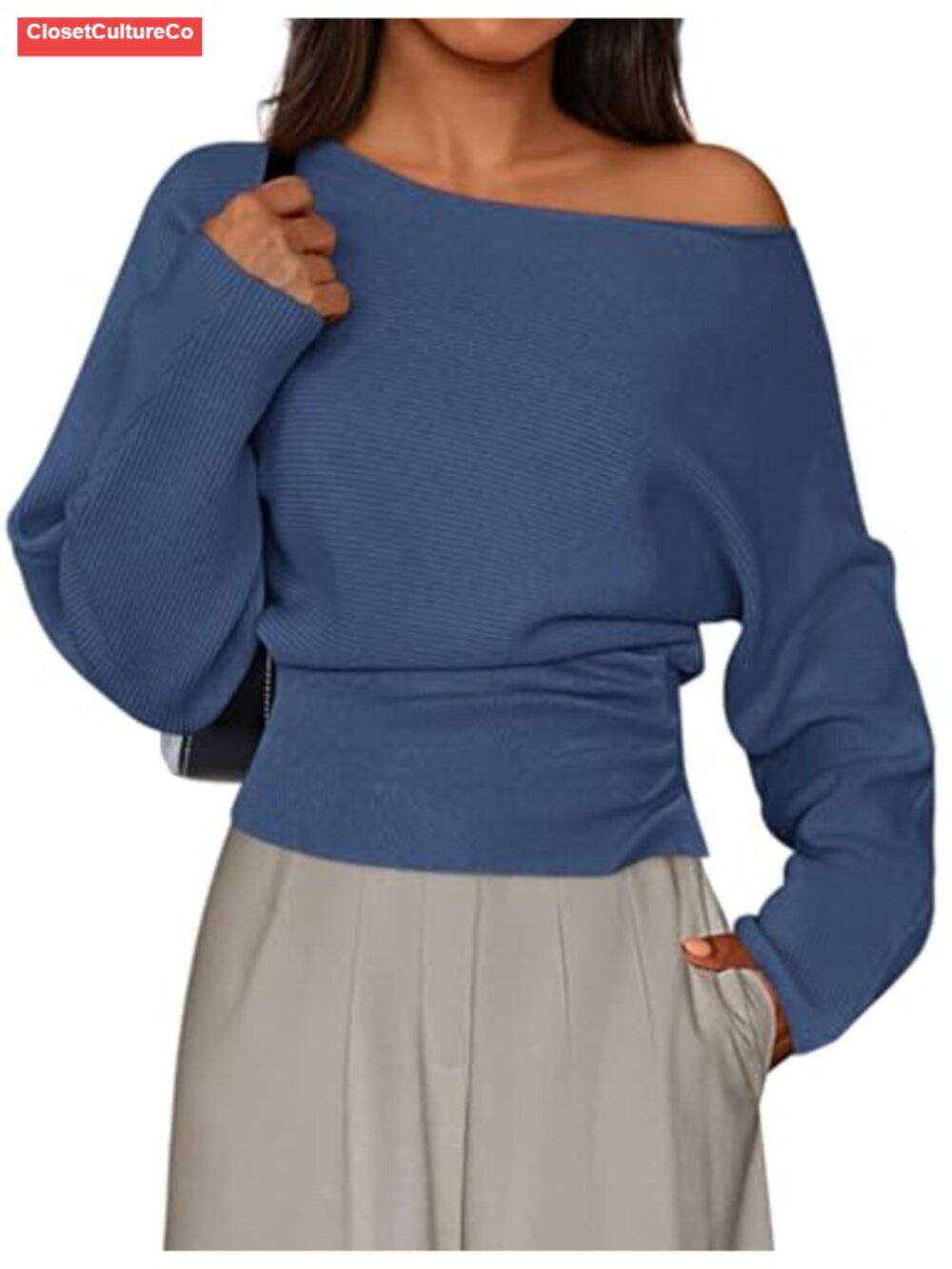 Off Shoulder Ribbed Knit Sweater Long Sleeve Pullover Fall